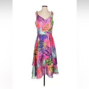 Serpil hot pink tropical print satin dress, size 3 or US Med